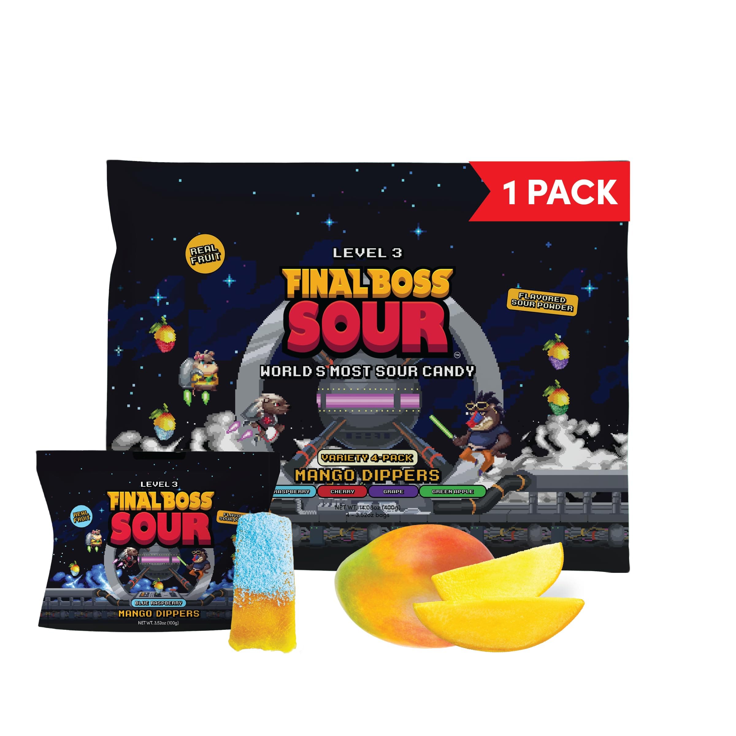 Final Boss Sour Fun Dip, Blue Raspberry, 1 Pack, Level 3, Extreme Super Sour Powder with Real Candy Tasting Dried Mangoes, All Natural 80s & 90s Party Sour Candy for Kids, Teens & Adults