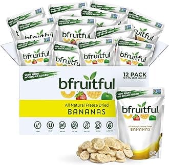 bfruitful Freeze-Dried Banana, Freeze Dried Fresh Fruit Bites, Gluten Free, Vegan, Dairy Free, Kosher, No Sugar Added, Non GMO, Healthy Snacks for Kids or Adults, 0.56 oz Single-Serve Snack Packets, 12 Pack