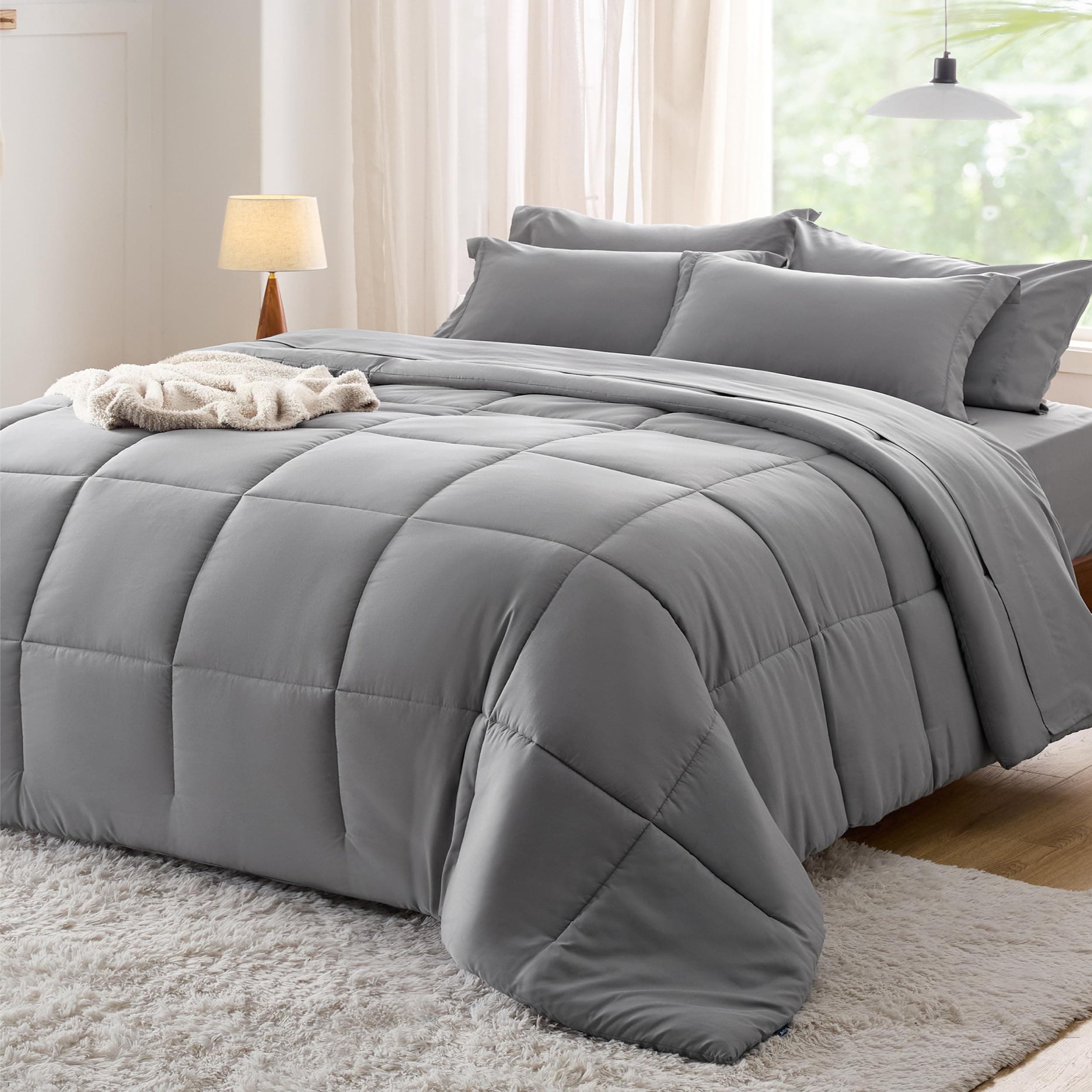 Bedsure Full Size Comforter Set - 7 Pieces Solid Full Bed in a Bag, Full Bed Set Grey with Comforters, Sheets, Pillowcases & Shams