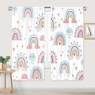 Cinbloo Baby Girls Pink Boho Rainbow Curtains 42Wx63H Inch Rod Pocket Cute Cartoon Colorful Cloud Stars for Kids Children Nursery Bedroom Decor Lovely Bohemian Playroom Window Drapes Fabric 2 Panel