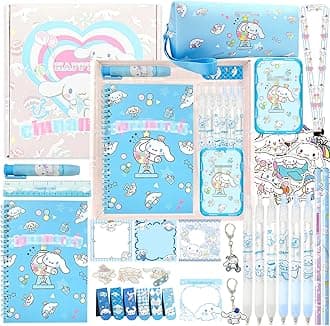 Cute School Supplies Present Set Kawaii Including Ballpoint Pens, Pencil Case, ID Badge Holder, Stickers, Key Chain, A5 Notebook, Bookmark, Eraser, Ruler for Girls Kids Teens