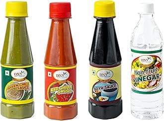 DNV Chinese Food Sauces Combo of Green Chilli 200gm, Red Chiili 200gm , White Vinegar 350ml & Soy Sauce 200gm