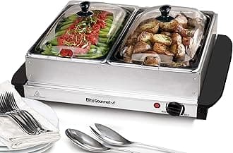 EWM-6122 Dual 2 x 2.5 Qt. Trays, Buffet Server, Food Warmer Temperature Control, Clear Slotted Lids, Perfect for Parties, Entertaining & Holidays, 5 Qt Total, Stainless Steel