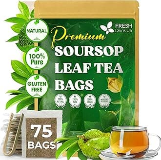 FreshDrinkUS, Premium 75 Soursop Graviola Leaf Tea Bags, 100% Natural and Pure from Soursop Leaves, Handmade, Made With Natural Materials-Corn Fiber Tea Bag, Sugar/ Caffeine/ Gluten Free, Hoja Guanabana Tea