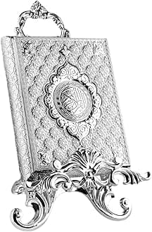 LaModaHome Islamic Book Rehal Stand, Home Decoration to Display the Quran with Elegance, Metal Holder for Reading Studying, Special Events, Ramadan, Religious Holidays - Silver