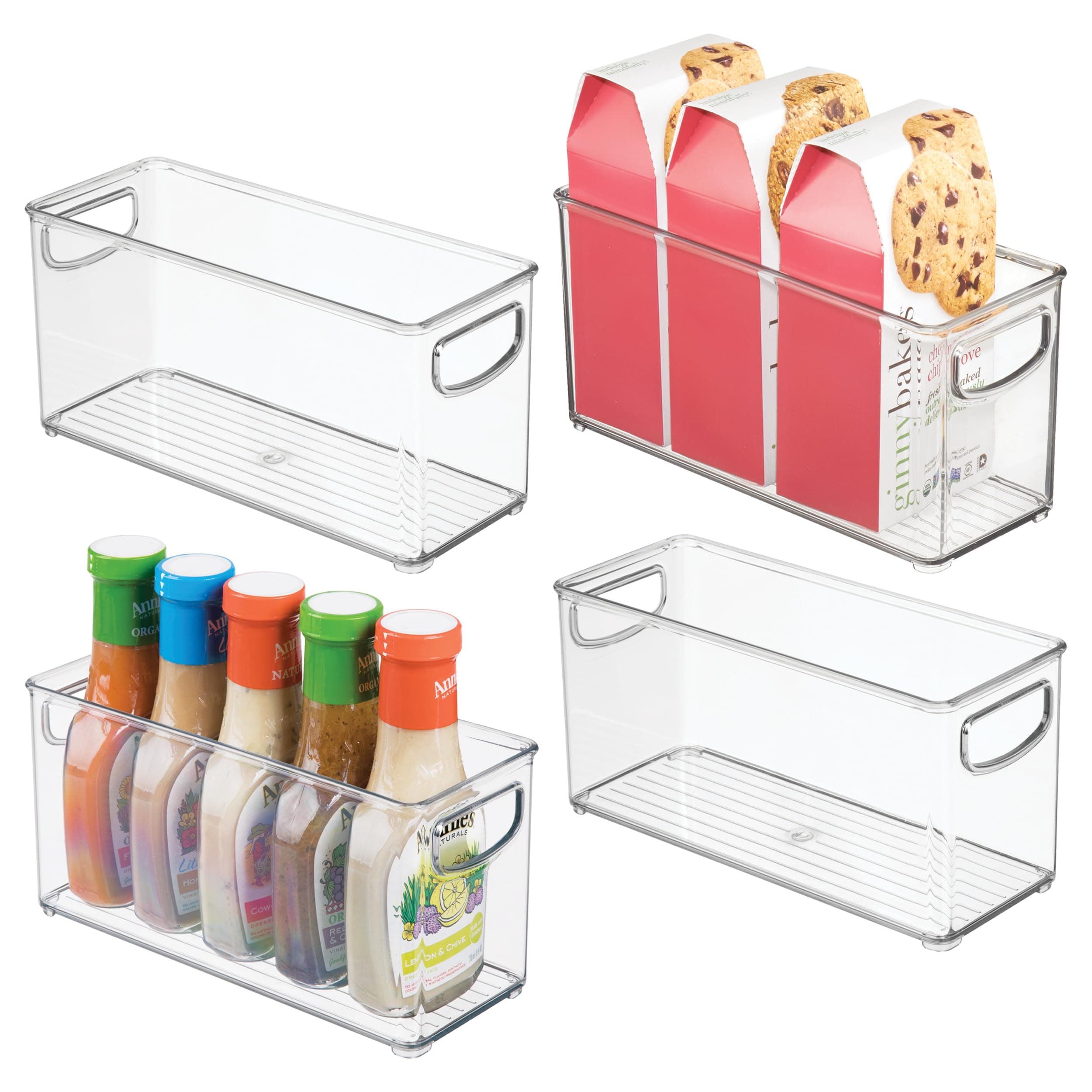 iDesign 4-Piece Recycled Plastic Small Stackable Kitchen Organizer Bin with Integrated Handles for Kitchen, Fridge, Freezer, Pantry & Cabinet Organization, The Linus Collection - 10" x 4" x 5", Clear