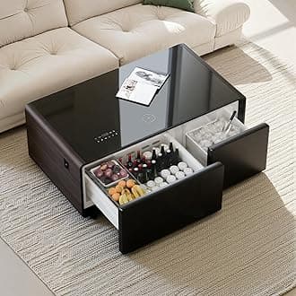 Smart Coffee Table, Living Room Table with Refrigerator and Freezer Drawers, 23" D x 41.5" W x 18.2" H, 15W Wireless Charging, USB Chargers and Speakers (LT90-FreezerX, Brown)