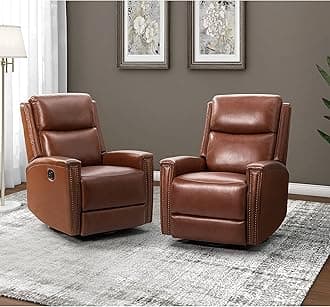 HULALA HOME Genuine Leather Swivel Rocker Recliners Set of 2, Manual Glider Recliner Chairs with Adjustable Backrest & Footrest, Modern Home Theater Sofa Armchairs for Living Room Bedroom, Brown