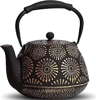 Cast Iron Teapot, 40oz Tea Kettle with Infuser for Stove Top, Sakura Design Japanese Tea Pot for Loose Leaf Coated with Enameled Interior, Silicone Handle 1200ml Black