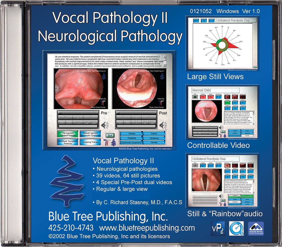 Vocal Pathology 2 Windows, Interactive Software Provides Examples of 10 Types of Neurological Vocal Pathologies, with 39 Videos and 64 Still Pictures, for Windows System, SLP