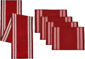 Encasa XO Table Runner and Placemats Set 4 | Fine Ribbed Cotton | Ladder Red | 1 Table Runner Size 13"x54" & Each Table Mat Size 19x13 Inch