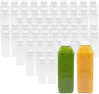 Upper Midland Products 16 OZ Empty PET Plastic Juice Bottles - Pack of 140 Reusable Clear Disposable Milk Bulk Containers with Black Tamper Evident Caps Lids (140-Pack)