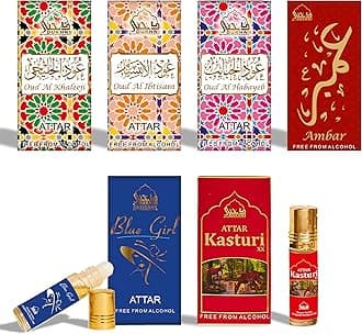 Dukhni Premiere Attar Oil Set | Authentic Arabic Fragrance Oils | Long- lasting Halal Scents for Ramadan & Eid Gifts | Oud Ibtisam, Oud Khaleeji, Oud Habayeb, Kasturi XX, Ambar, Blue Girl -6 x6ml each