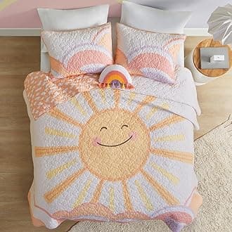 Intelligent Design Kids Queen Bedding Set Cotton Sun Full Size Quilt Sets for Girls Rainbow & Clouds Reversible Queen Coverlet Dawn Light & Breathable Sham Throw Pillow Full/Queen Yellow/Coral 4 Piece
