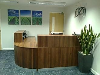 RECEPTION DESK WALNUT CURVED CORNER UNIT ALUMINIUM PLINTH COMPUTER DESK OFFICE RECEPTION COUNTER