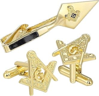 Masonic Tie Clip and Cufflinks Set, 18K Gold Mens Necktie Bar Cuff Links Personalized Gift for Freemason Husband Father Boyfriend
