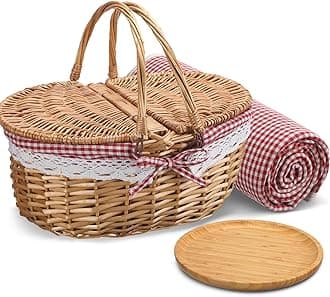 Picnic Basket with Blankets and Bamboo Plates Picnic Supplies Set Basket with Lid and Handle Wicker Picnic Basket Sturdy Woven Body with Washable Lining for Camping(Red)