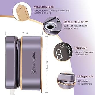 SUPERPLUS Travel Iron Portable Clothes Steamer, Garment Steamer Ironing Gloves - Upgraded 2 in 1 Steamer Clothing, 3 Steam Levels, 150ml Water Tank, LCD Screen Iron Steamer for Travel, Home & Office