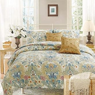 Cozy Line Home Fashions Oil Painting Lover Bedding Quilt Set, 100% COTTON Beige Blue Orange Floral Flower Literary Style Printed Reversible Bedspread Coverlet Gifts for Women (King - 3 piece)