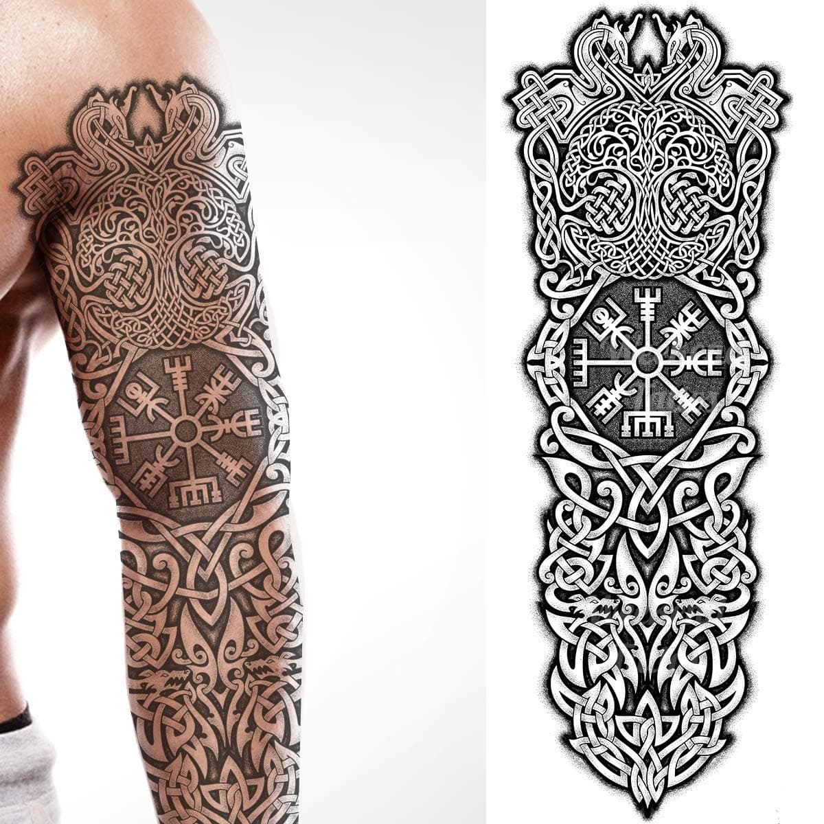 temporary tattoo full arm stick on body art viking icelandic medieval celtic transfer for women and men cosplay halloween adult aegishjalmur temp tattoo tree of life wolfs fancy dress