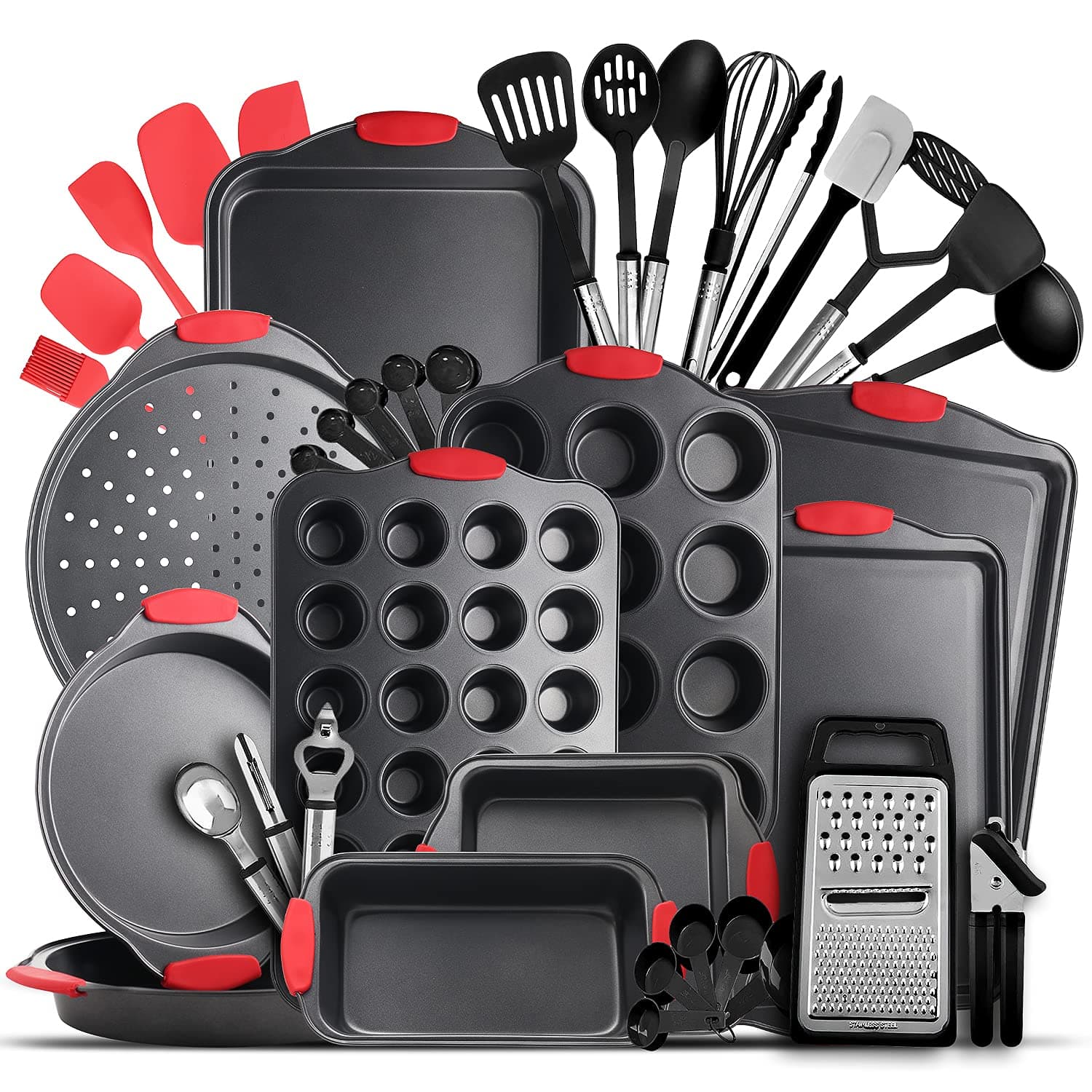 Baking Set, 39 Piece Premium Baking Set, Nonstick Bakeware Sets BPA Free, Cookie Sheets for Baking Nonstick Set, Steel Baking Sheets for Oven with Muffin Pan, Cake Pan & Kitchen Utensils - Black