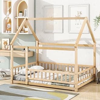 Bellemave Full Size House Floor Bed,Wooden Montessori Bed with Fence and Roof for Kids,Playhouse Full Bed Frame for Girls,Boys(Full,Natural)