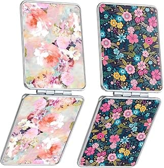 Pocket Mirror, Small Travel Mirror with Magnification, Portable Double-Sided Magnifying Cosmetic Mirror for Daily (2 Flowers)