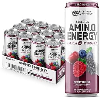 Amino Energy Sparkling Hydration Drink, Electrolytes, Caffeine, Amino Acids, BCAAs, Sugar Free, Berry Burst, 12 Fl Oz, 12 Pack
