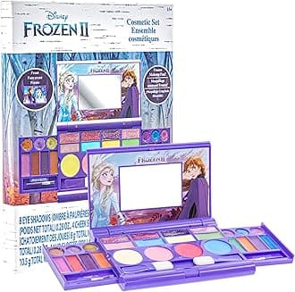 Disney Frozen All-in-One Kids Cosmetic Compact Set Includes Washable Lip Gloss, Eye Shimmer, Cheek Shimmer, Brushes Colorful Portable Beauty Set for Girls, Kids, and Toddlers Ages 3+ by Townley Girl
