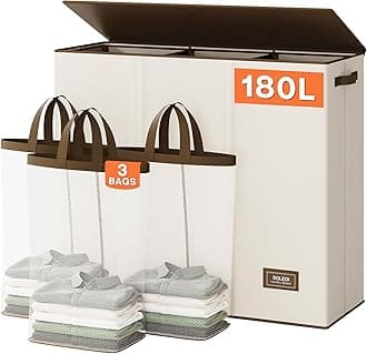 SOLEDI Laundry Basket 3 Compartment with lid and 3 Pcs Laundry Bag Large Hamper 180L, Laundry Basket Laundry sorter Clothes hamper for Laundryroom Bedroom Blanket Storage Organizer, lvory