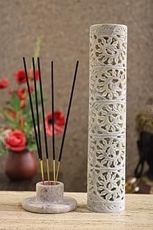 Flower Carving Agarbatti Stand | Marble Soapstone Hand-Carved Pipe Shape Incense Burner | Ash Catcher for Incense Sticks | Spiritual Decor & Gift for Puja Room (3"x3"x11")