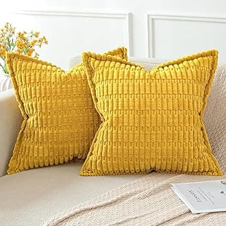 Artscope Mustard Yellow Cushion Covers Set of 2 Corduroy Decorative Square Striped Pillowcase with Stitched Edge Pillow Covers 45x45cm for Home Decor Sofa Bedroom Car