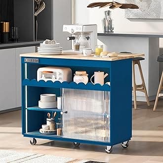 LUMISOL Rolling Kitchen Island Cart with LED Light and Folding Drop Leaf, Kitchen Cart with 2 Fluted Glass Doors and Power Outlets, Mobile Kitchen Island with 2 Cabinets and 1 Shelf, Navy Blue