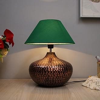 Antique Hammered LED Table Lamp Oil-Rubbed Bronze Metal Linen Drum Shade for Living Room Family Bedroom, (Gourd, Green)