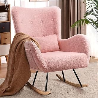 Waleaf Rocking Chair Nursery, Teddy Upholstered Rocking Chair Indoor with High Backrest Glider Accent Chair, Padded Seat Nursing Comfy Chairs for Bedroom (Pink)