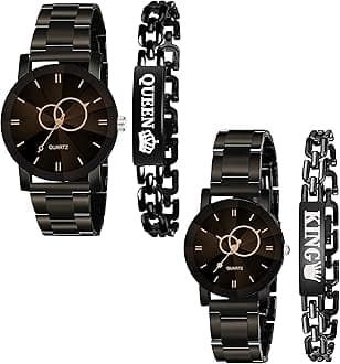 Pack of 4 Black Metal Strap Analogue Watch and Bracelet Combo for Couple Watches (Black Metal)