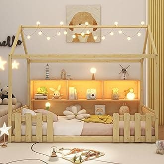 Twin Size House Bed for Kids with LED Light and Fence Guardrails,Wood Montessori Floor Bed Frame with Storage Bookshelf, Farmhouse Bed Frame for Girls Boys, Natural