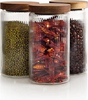 Ribbed Glass Jars with Wooden Lid 27 fl oz- Set of 3 | Airtight Fluted Storage Container for Pasta, Coffee, Candy, Dog Treats, Snacks | Glass Organization Canisters for Home & Kitchen