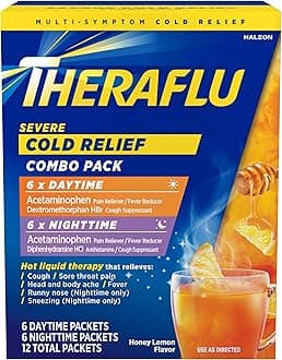 Theraflu Combo Daytime and Nighttime Severe Cold Relief Powder, Honey Lemon Flavor, 12 Count, 6 Daytime + 6 Nighttime