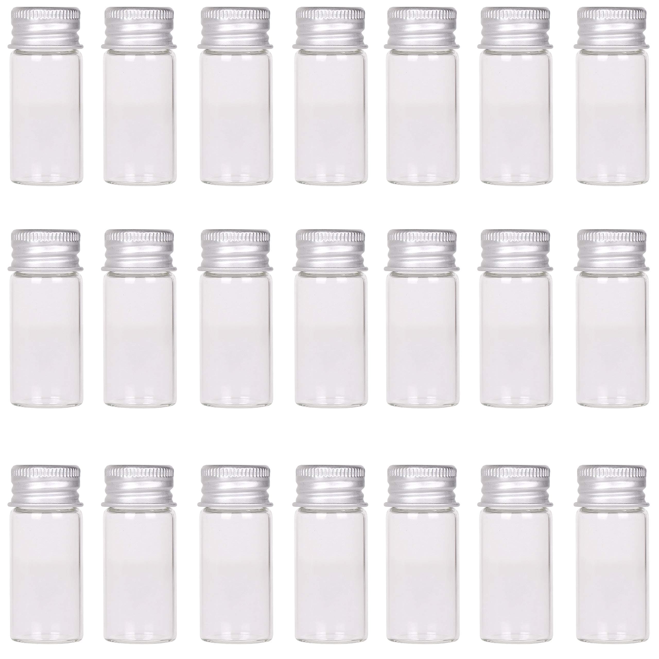 MaxMau 24 Sets 10ml Glass Vials Small Bottles Mini Tiny Jars with Aluminum Screw Caps Sealed Top Metal Lids Cover Clear Message Sample Bottle Storing Beads Wedding Favors Decorations DIY Crafts