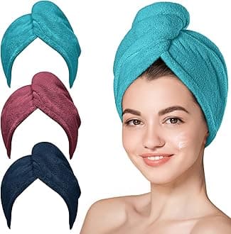 Microfiber Hair Towel, Hair Turbans for Wet Hair, Drying Hair Wrap Towels for Curly Hair Women Anti Frizz, 3 Packs (Plum,Navy,Aqua Green)