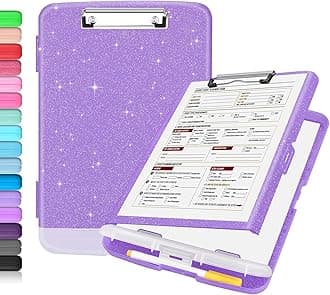 Sooez Glitter Clipboard with Storage, High Capacity Clip Boards 8.5x11 with Pen Holder, Cute Clipboards with Low Profile Clip, Sparkle Plastic Organizer Case Box for Women & Kids, Side Opening