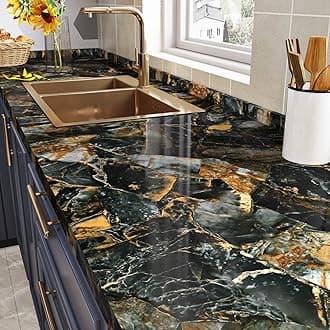 Kitchen Worktop Covering Black Marble Wallpaper Self Adhesive Contact Paper 60cm X 300cm Marble Vinyl Wrap for Worktop Cabinet Bathroom Waterproof Black and Gold Wallpaper Sticky Back Plastic