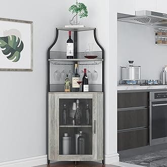 GarveeHome Corner Wine Cabinet with Detachable Wine Rack, 5-Tier Industrial Corner Bar Cabinet with Barn Door and Glass Holder, Farmhouse Buffet Cabinet and Home Bar, Grey