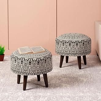 - nestroots Set of 2 Wooden Ottoman Stools for Living Room | Printed Pouffes for Sitting, Foot Rest with 4 Wooden Legs | 14 Inch Height, Grey | Stylish & Comfortable Furniture for Home Décor