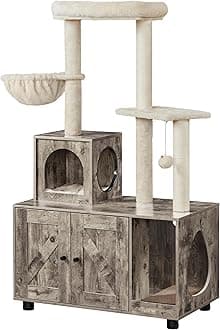 Yaheetech Litter Box Enclosure with Cat Tree, All-in-one Indoor Kitten House w/Scratching Posts, Wooden Cat Litter Box Furniture w/Kitty Condo, Platform, Greige/Beige