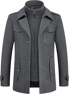 Mens Wool Coats Short Winter Padded Trench Coat for Casual Business Outwear Thick Wool Blend Peacoat with Removable Inner Collar