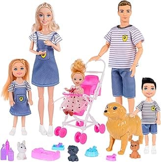- Dolls Family Playset with Baby Stroller Set- 6 People, Pets & Accessories for 3-12 Years Old | Toddler Gift with Pregnant Mom, Dad, 3 Kids, Dogs, and Interactive Play