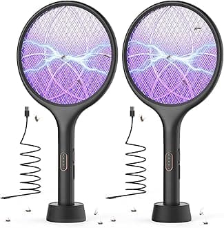 Electric Fly Swatter 4000V Bug Zapper Racket Mosquito Fly Killer 1500 mAh 3 Layers Mesh with USB C Cable Stand Base for Indoor Outdoor Black 2 Pack