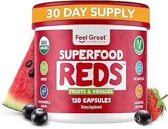 ​Feel Great Organic Super Reds Powder Superfood Capsules Polyphenols Supplement | Beet Root Capsules | Contains Milk Thistle, Green Tea & Much More | Probiotics and Digestives